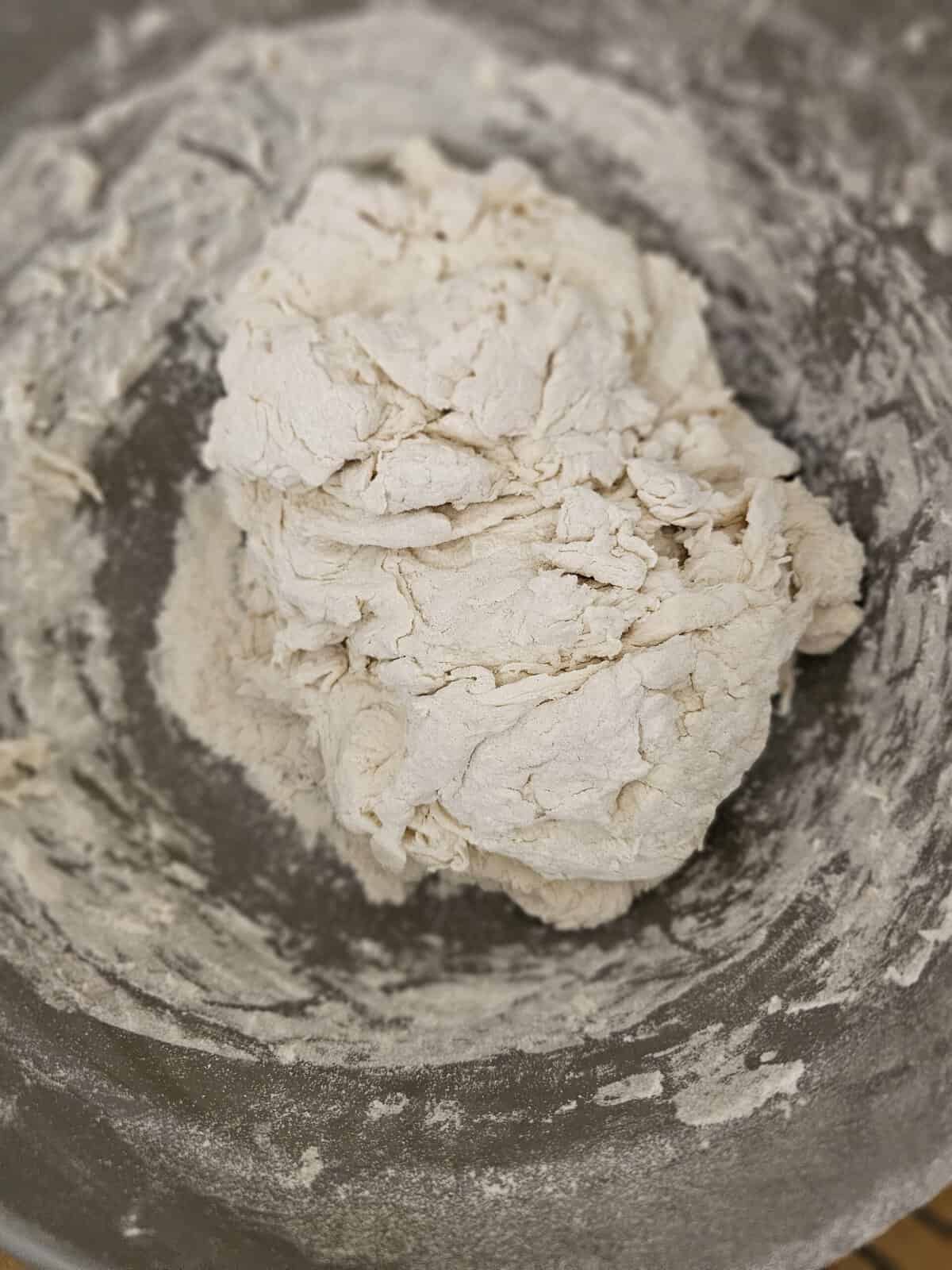Shaggy dough - the texture you're looking for when baking sourdough bread. 